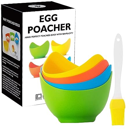 4pcs Escalfador Huevos con Cepillo de Aceite, Cazador Furtivo de Huevos de Silicona, Huevo Poche Molde Antiadherentes, Tazas de Fabricación Huevos Escalfados para Vaporera, Microondas, Horno