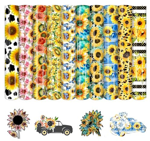 HTVSTD Sunflower HTV Heat Transfer Vinyl - 10 Sheets 12'' x 10''Retro Patterned HTV Vinyl Yellow Heat Transfer Vinyl for T-Shirts DIY Iron on Vinyl