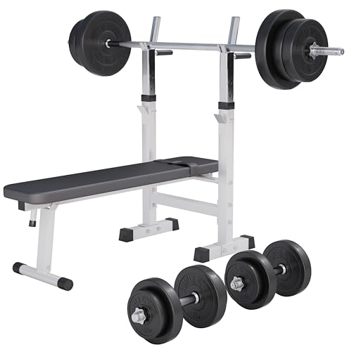 GORILLA SPORTS® Hantelbank - inkl. Hantelset 38/70/100kg, Ablage, Dip-Station, Höhenverstellbar, Klappbar, bis 200kg, Schwarz/Weiß - Trainingsbank mit Langhantelset, Drückerbank, Schrägbank, Flachbank