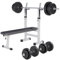 GORILLA SPORTS® Hantelbank - inkl. Hantelset 38/70/100kg, Ablage, Dip-Station, Höhenverstellbar, Klappbar, bis 200kg, Schwarz/Weiß - Trainingsbank mit Langhantelset, Drückerbank, Schrägbank, Flachbank