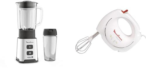 Moulinex Blender, Mini mixeur compact, 400 W, Technologie Powelix, Lames amovibles & Batteur électrique, 200 W, 2 vitesses, 2 jeux de fouets inclus, Ergonomique, Compact, Easymax blanc ABM11A30