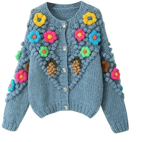 Pulcykp Cardigan lavorato a maglia con fiori da donna in filato grosso lavorato a maglia, Cardigan, Taglia unica