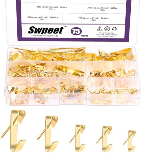 Swpeet 75 ganci dorati per quadri con chiodi, 4,5 kg/9,1 kg/13,6 kg/22,7 kg/45,4 kg, kit di ganci per appendere quadri in metallo, ganci per cornici resistenti, accessori per appendere quadri per