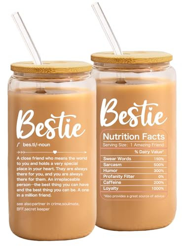 NOOMII Friendship Gifts for Women Best Friend Cup Gifts | 16oz Iced Coffee Glass Cup with Lids and Straws, Aesthetic Tumblers for Teens, Bestie-Best Friend Sister Anniversary Glasses