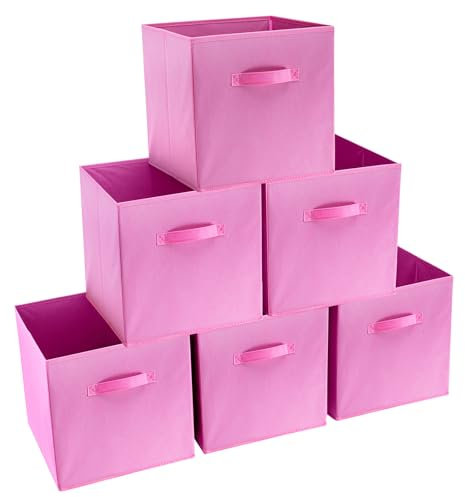 Trintion Set of 6 Cube Storage Boxes Cubes Storage Cubes Fabric Storage Boxes Foldable Storage Baskets for Closet Shelves Bedroom Organizing Clothes and Book (Pink, 27x27x28cm)