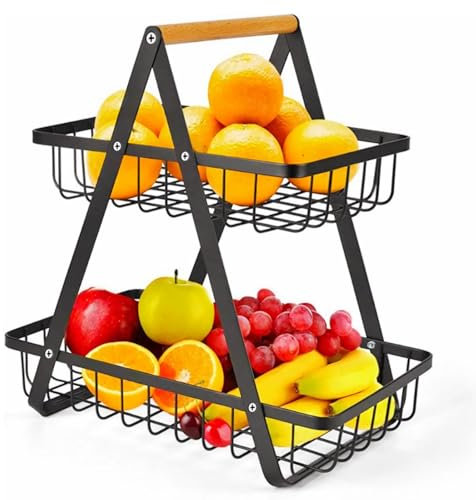 Obst Etagere 2 Stöckig, Metall Obstkörbe, Obstkorb Etagere, Obstkörbe Schwarz Metall mit Griff für Obst, Obst Halter Aufbewahrung für Küche, Fruit Basket für Kitchen, Vegetables Storage Rack