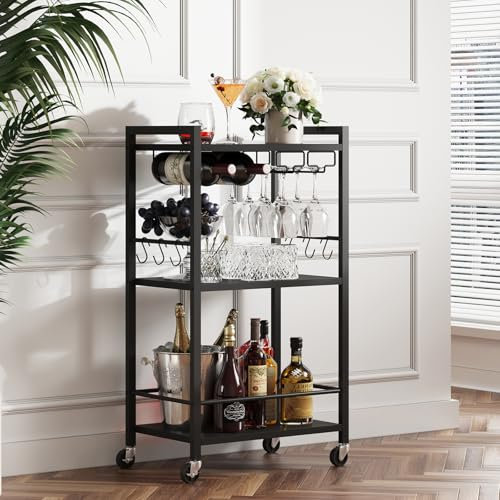 TUTOTAK Barwagen Home Bar Servierwagen mit 3 Ebenen Regal Getränkewagen mit Weinregal Glashalter Rollbar Wagen für Zuhause Wohnzimmer Braun V1BC01BK035