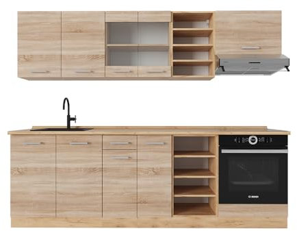 Vicco Küchenzeile R-Line, Küchenblock, Sonoma/Goldkraft Eiche, 240 cm, AP Eiche