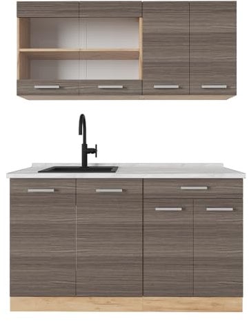Vicco Singleküche R-Line, Küchenzeile Single, Edelgrau/Goldkraft Eiche, 140 cm, AP Marmor
