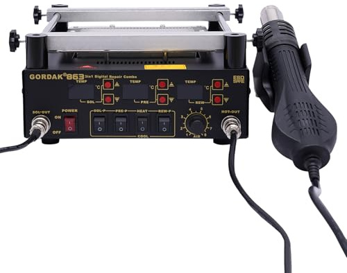Hot Air Soldering Station 3-in-1 Hot Air Rework Station Soldering Heat Gun with Hot Air Gun, Adjustable Temperature 1100W Soldering Iron Station Digital Display Quick Station Preheat Hot Air Gun Repai