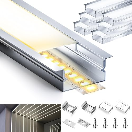 Brillivanture LED Profil 6 x 2m LED Aluminium Profil,Schiene und Diffusor, mit 6 milchigen Diffusor-Abdeckungen, 12 Endkappen und 24 Montageklammern für Streifen und U Profil Aluminium