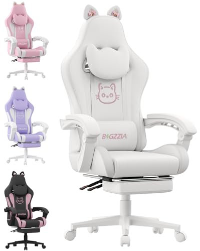 bigzzia Chaise de Gaming Ergonomique avec Oreilles de Chat pour Filles et Adultes, Chaise de Jeu d'ordinateur réglable en Hauteur avec Appui-tête et Support Lombaire de Massage (Blanc)