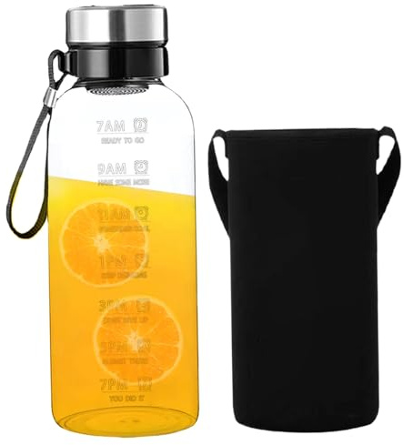 Wasserflasche mit Zeitmarkierung, 2 l, transparent, hohe Borosilikatglas-Wasserflaschen mit Umhängeband, Hülle und abnehmbarem Filter, auslaufsicher, spülmaschinenfest, Flasche für Zuhause, Büro