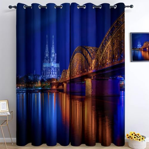 Blickdichte Vorhänge mit Ösen Fotografie Hohenzollernbrücke Kölner Dom Bei Nacht Verdunkelungsvorhang 2er Set, H245 x B140 cm Thermovorhang Blau Kälteschutz Gardine, für Schlafzimmer Wohnzimmer