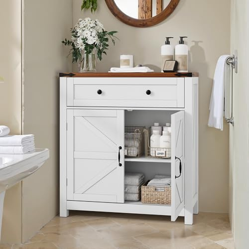 MURUL Farmhouse - Armadietto portaoggetti con cassetti e ripiani regolabili, bianco con piano di lavoro in noce, moderno per cucina, sala da pranzo, bagno, ingresso