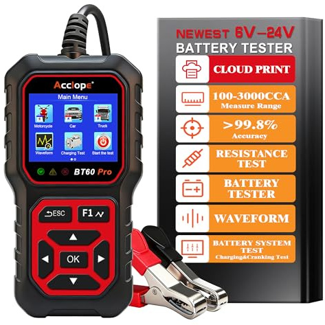 BT60 Pro Tester Digitale per Batterie Auto, CCA 100-3000, Analizzatore 6V 12V 24V, Sistema di Diagnostica Alternatore per Auto, Moto, Camion, Compatibile con AGM, Litio, Gel