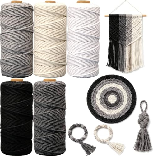 5 Stück Makramee Garn 3mmx50m, BetterJonny Baumwoll Bastelschnur Makramee Baumwollgarn 3mm Baumwollkordel Natur Bunte Baumwoll-Bastelschnur für Basteln Stricken Aufhängen DIY Handwerk-Schwarztöne