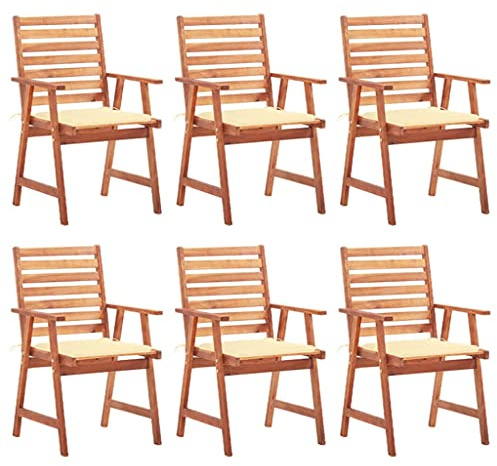 Holamys Garten-Essstühle 6 STK. mit Kissen, Massivholz Akazie, wetterfest, für Balkon, Terrasse, Veranda, Bequeme Sitzpolster, cremeweiß, 56x62x92 cm