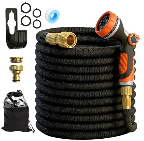 Weciau Tuyau Arrosage Extensible 15M, Tuyau D'arrosage Extensible avec Embout à 10 Fonctions, Tuyau D'arrosage Flexible avec Raccord en Laiton 3/4' et 1/2', avec Sac de Rangement, pour Jardin