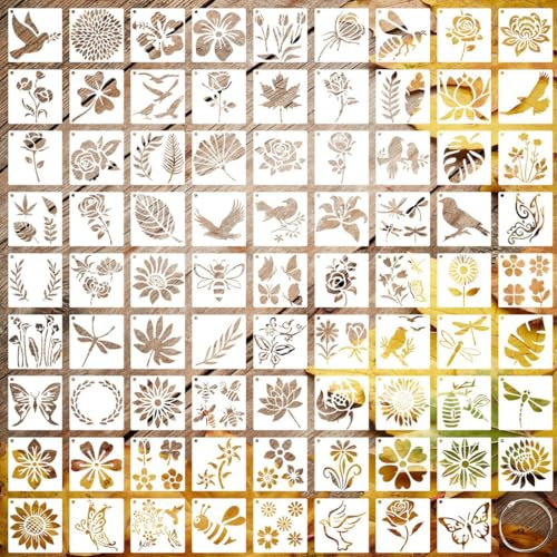 AEUXZA 80 Pezzi Set di Stencil 7,62cm, Stencil Riutilizzabili con Fiori Animali Insetti, Stencil per Pittura DIY Scrapbooking Decorazione Tessile e Artigianato
