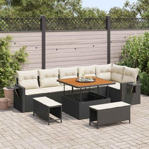 Hoopleep Garten-Sofa-Set 9-teilig Schwarz aus UV-beständigem Poly-Rattan und Akazienholz, modulares Outdoor-Möbel für Terrasse, 8 Personen Sitzgruppe
