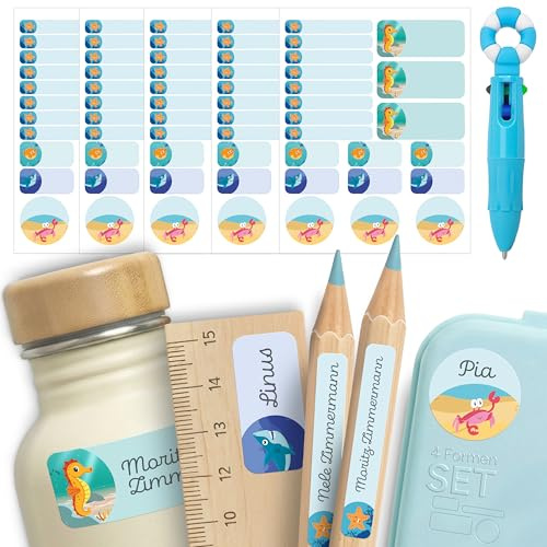 mycustomy Namensaufkleber Kinder Schule, 200 FSC-Etiketten 0+ mit Stift