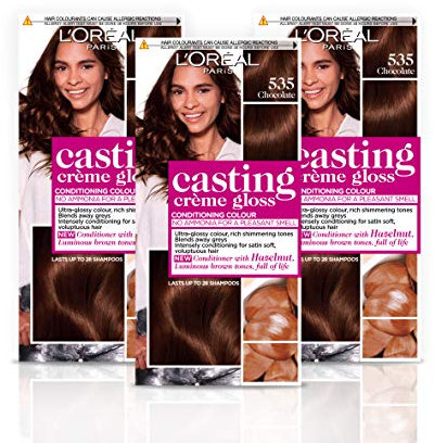 L'Oréal Paris Casting Crème Gloss Semi-Permanent Hair Dye, Ammonia-Free Formula & Honey-Infused Conditioner, Glossy Finish, Colour for Up to 28 Shampoos, Pack of 3, Colour: 535 Chocolate Brown
