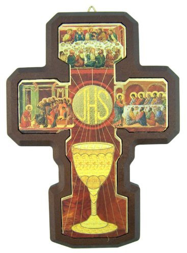 Religious Gifts Kelch mit JHS Host Gold geprägt Epoxy Icon auf Holz Kreuz 12,7 cm Wand Kruzifix
