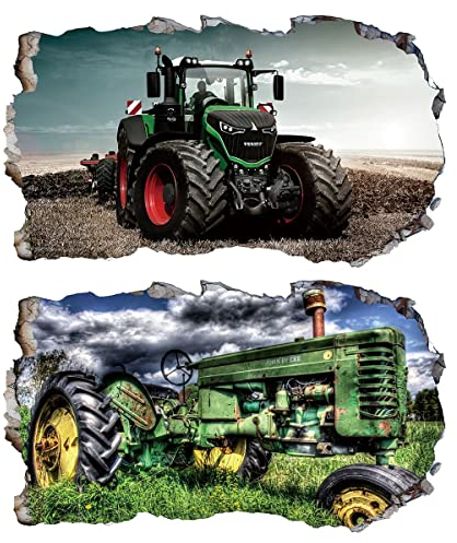 2Pcs Wandtattoo Traktor Trecker 3D Effekt XXL Farm Feld Landwirtschaft Wandaufkleber Fenster Selbstklebend für Junge Kinderzimmer Groß 1000mmx600mm v08