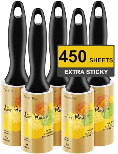 TIANBO FIRST Professional Lint Roller with Giant Adhesive, Extra Sticky Pet Hair Lint Remover, 90 Sheets, Pack of 5