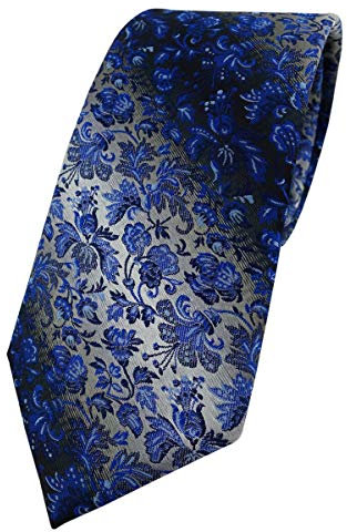 TigerTie Designer Krawatte in marine royal blau silber geblümt gemustert