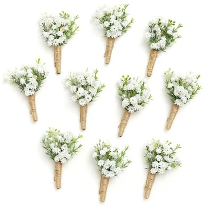 Ling's Moment Boutonniere for Men, 10pcs Groomsmen Guest Boutonniere with Built-in Pins, Artificial Flowers for Wedding Décor/Prom/Homecoming,etc.Baby Breath White