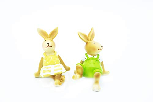 HEITMANN DECO 1014255 - Hasen - Polyresin - 2er Set - sitzend - Osterdeko - braun/grün/gelb - ca. 8 x 7,5 x 10 cm