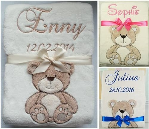 Babydecke mit Namen und Datum bestickt Baby Geschenke Geburt (Beige - Teddybär)