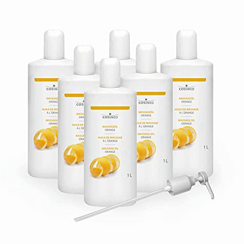cosiMed Massageöl Orange | Bundle 6 x 1L | ergiebig & griffsicher | Made in Germany | inkl. Dosierpumpe
