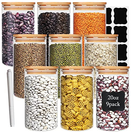 Frischhaltedosen aus Glas mit luftdichtem Bambus-Deckel, 590 ml, 9 Stück, Speisekammer-Organisation, Glas-Terrarium mit Deckel, Gewürze, Tee, Mehl und Zuckerbehälter, Kanister-Set für Küchentheke