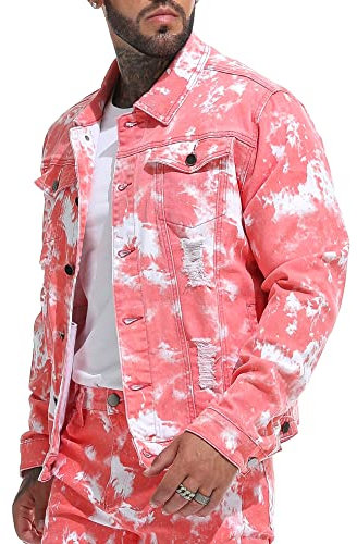 RANMCC Veste en jean pour homme Coupe ajustée, rose, Large