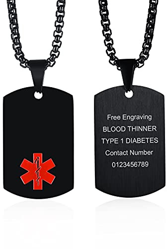 VNOX SOS Notfallkette Edelstahl Erkennungsmarke Gravur Damen Herren | Personalisierte Notfall ID Kette mit Gravur für Name, Allergien, Medikamente, Blutgruppe und ICE Kontakt