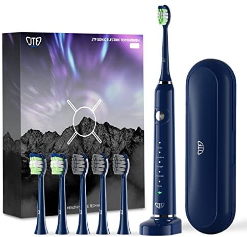 JTF Sonic Electric Toothbrushes for Adults,Sonic Toothbrush with 5 Modes and 2 Mins Smart Timer, Power Toothbrushes with 6 Heads and Travel Case,One Charge for 60 Days Use,Navy Blue