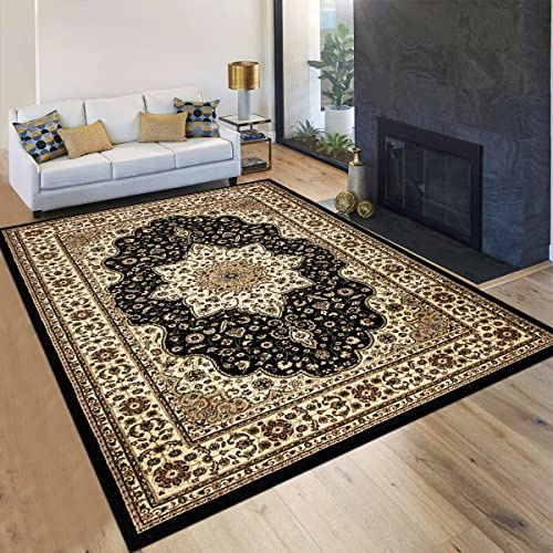 householdfurnishing Vintage Traditional Non Slip Rug Bedroom Living Room Carpet Mat Runners Floral Pattern Wide Area Persian Style Rugs (240 x 320 cm - X Large Rug, Black)