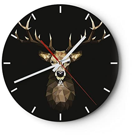 Modern Wanduhr Geometrisch Hirsch Modern 30x30cm Rund Klein Wand Uhr Glas Analog Zimmeruhren Küche Büro Wohnzimmer Glasuhr Wall Clock Dekoration Design Wanddekoration Küchenuhr C3AR30x30-4215