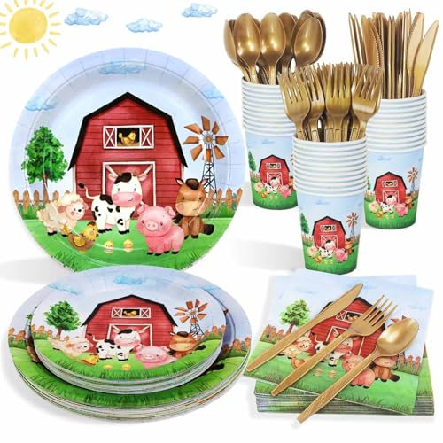 175 Pcs Farm Birthday Decorations Plates Set 25 Guests, Farm Animals Baby Shower Watercolor Paper Plates Napkins Cups Cutlery Set Party Supplies