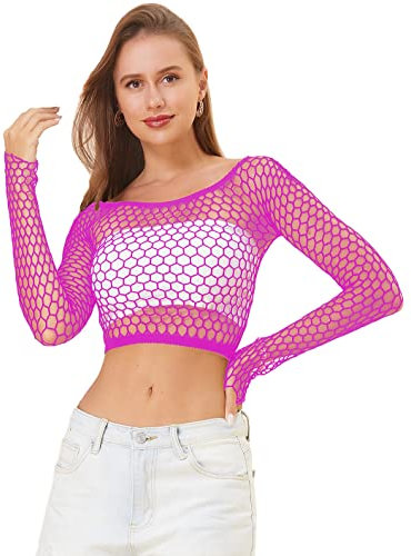 LemonGirl Women Fishnet Long Sleeve Top Lingerie Babydoll Chemise Mesh Shirt One Size UK4-20 Rose