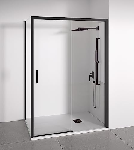 Mampara de ducha angular 1 corredera + 2 fijos - sin perfilería inferior - Cristal transparente templado 6mm - Negro mate - Ancho adaptable 115-120 x 67-70cm - Posición puerta izquierda - Alto 195cm