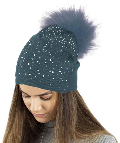 TOSKATOK® Damen Fine Strick Diamante Glitter Applikation Winter Beanie Mutze mit groß Fälschung Fellbommel