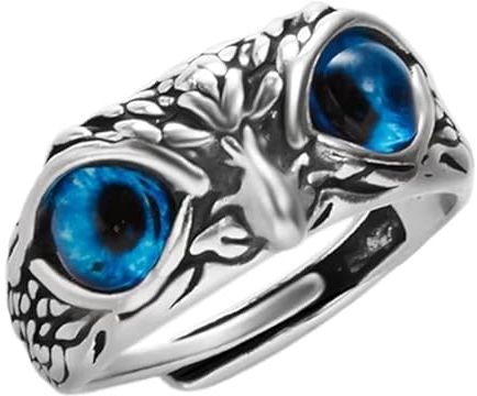 Gionatan Shop Verstellbarer Blue Eyed Owl Ring für Frauen Männer Mädchen Jungen Mode Vintage Punk Gothic Vogel Antik Silber Farbe Ringe Party Geschenk