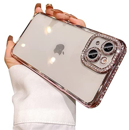 Ownest Compatible with iPhone 13 Case,Sparkle Diamond Camera Len Protector Glitter Clear Case,Crystal Bling Cute Aesthetics Phone Case Shockproof Phone Covers for iPhone 13 -Pink