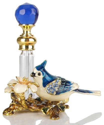 SEVENBEES 4ml Empty Vintage Glass Perfume Bottle with Blue Cardinal Bird Figurine Collectible - Refillable Decorative Glass Bottle for Essential Oil Fragrance