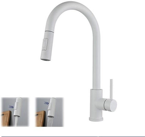 RADAAB Rubinetto Lavello Cucina Bianco, Miscelatore Cucina con Doccetta Estraibile per Lavelli da Cucina, Orientabile a 360° Monocomando,Acciaio Inox Ad Alta Pressione
