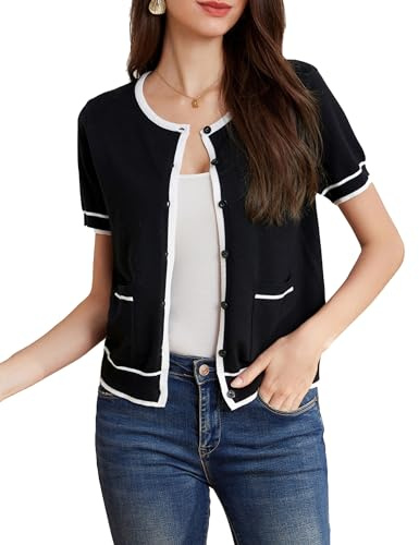 GRACE KARIN Women's Crew Neck Contrast Color Short Sleeves Tops Casual Button-up Cardigan Sweater Black M